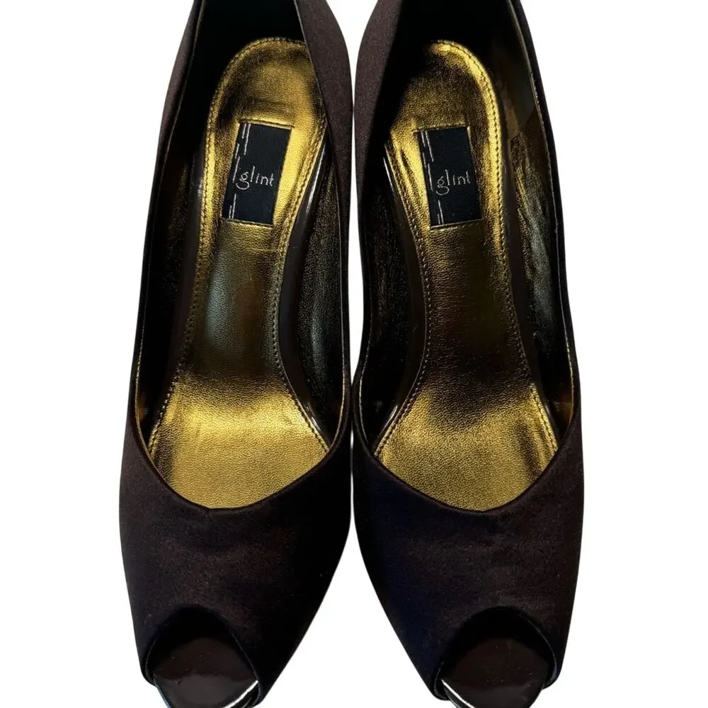 Chocolate Brown Satin Glint Designer Peep Toe Heel Womens 8.5 Leather Sole Party